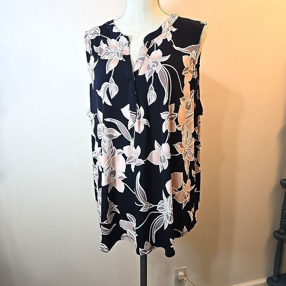 Papermoon Plus Size 2X Navy Blue w Pink Floral Print Sleeveless Blouse Top